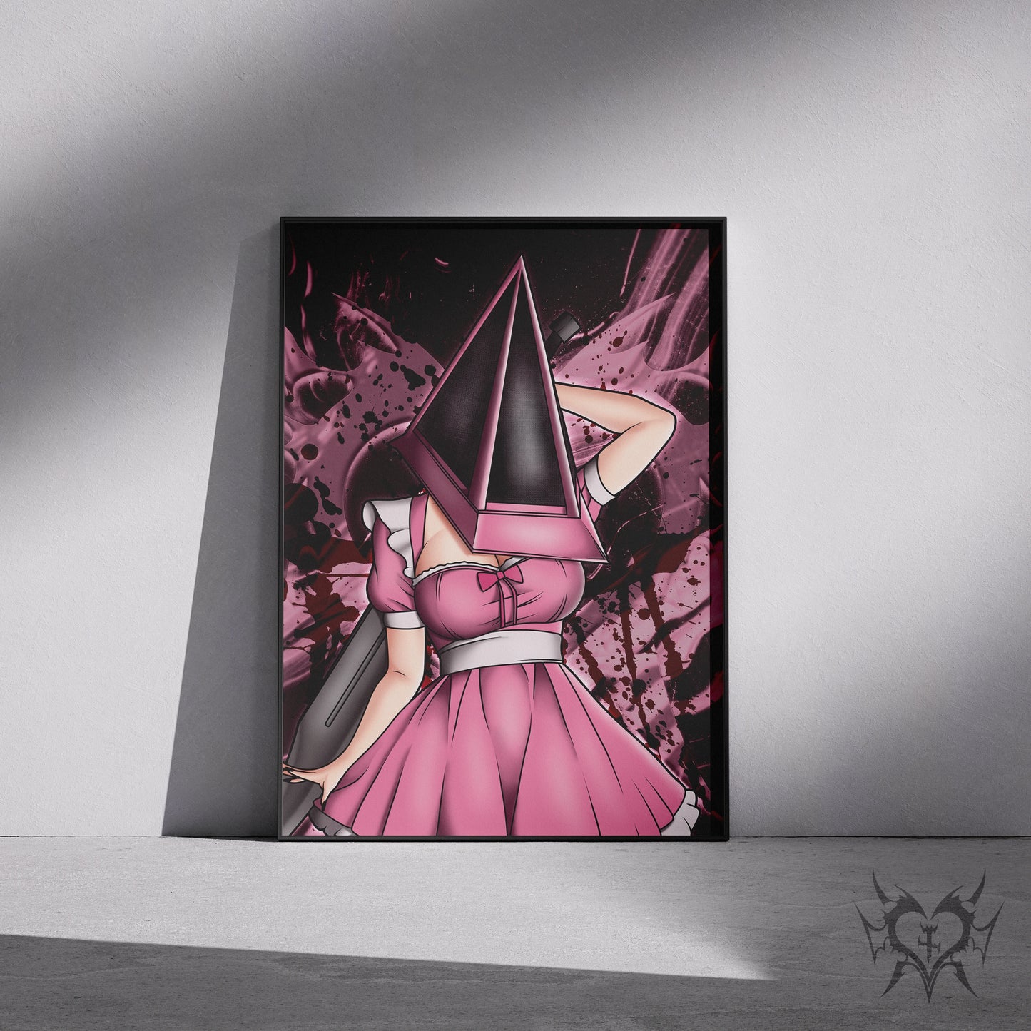 Framed Lady Pyramid Head anime art print displayed in a black 11x17 frame leaning against a wall.