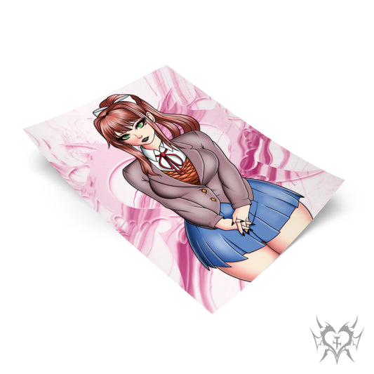 Monika anime art print with a pink abstract background.