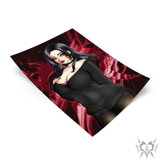 Goth Boa Hancock art print tilted at an angle over a dark red smoky Always Sick branded background