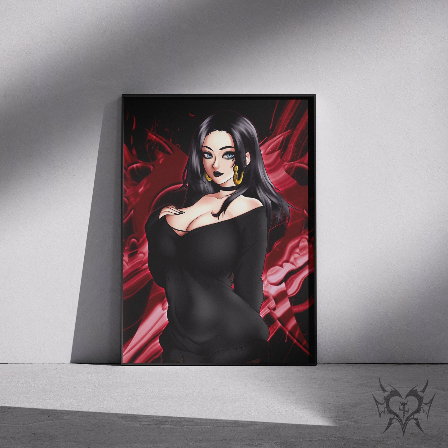 Goth Boa Hancock art print in a black frame mockup leaning against a gray wall