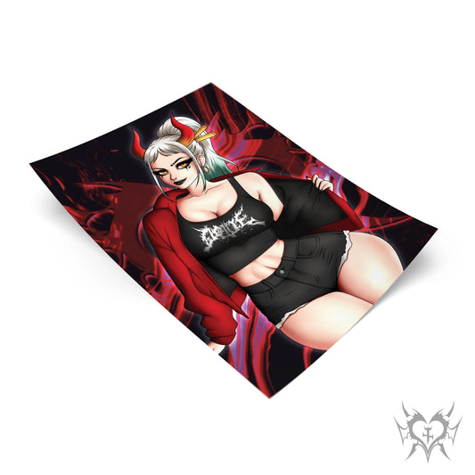 Goth Yamato art print tilted at an angle over a dark red smoky Always Sick branded background