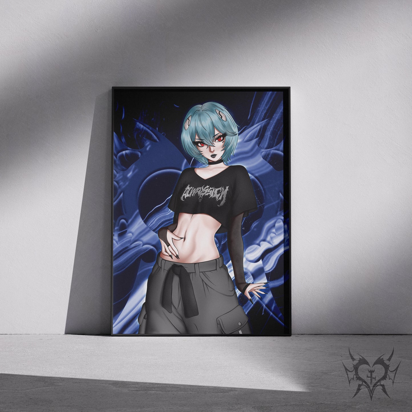 Goth Rei art print in a black frame mockup leaning against a gray wall