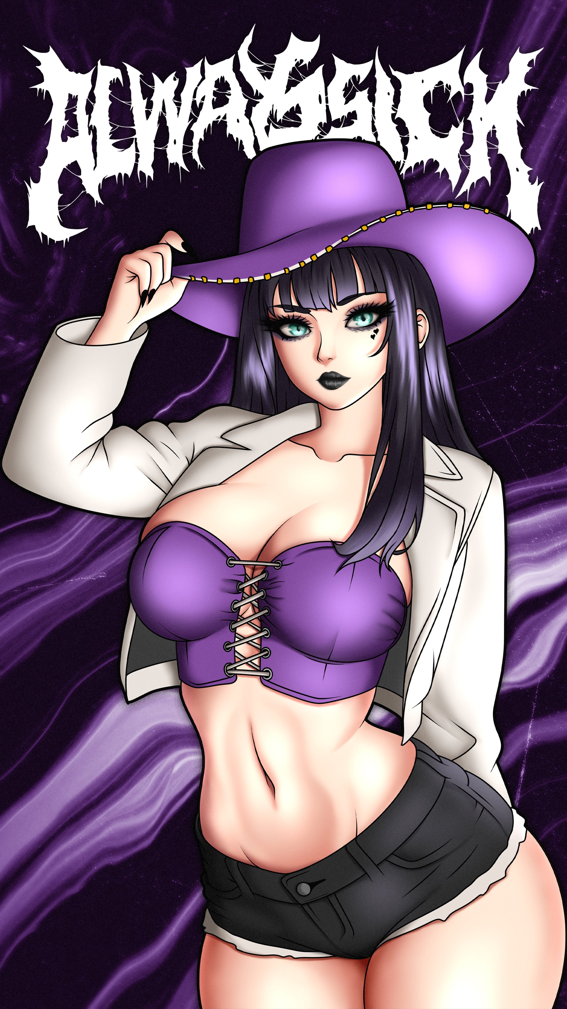 anime sticker of nico robin from one piece in a purple cowboy outfit, wallpaper