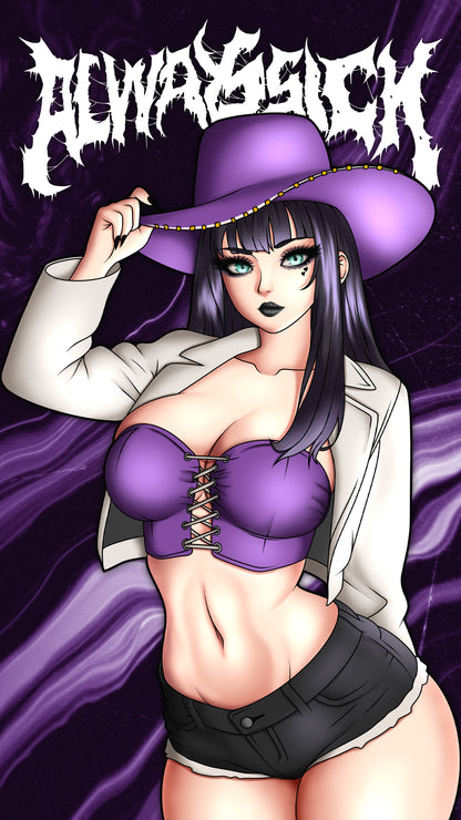 anime sticker of nico robin from one piece in a purple cowboy outfit, wallpaper