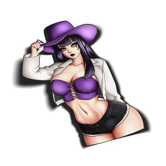 anime sticker of nico robin from one piece in a purple cowboy outfit, transparent