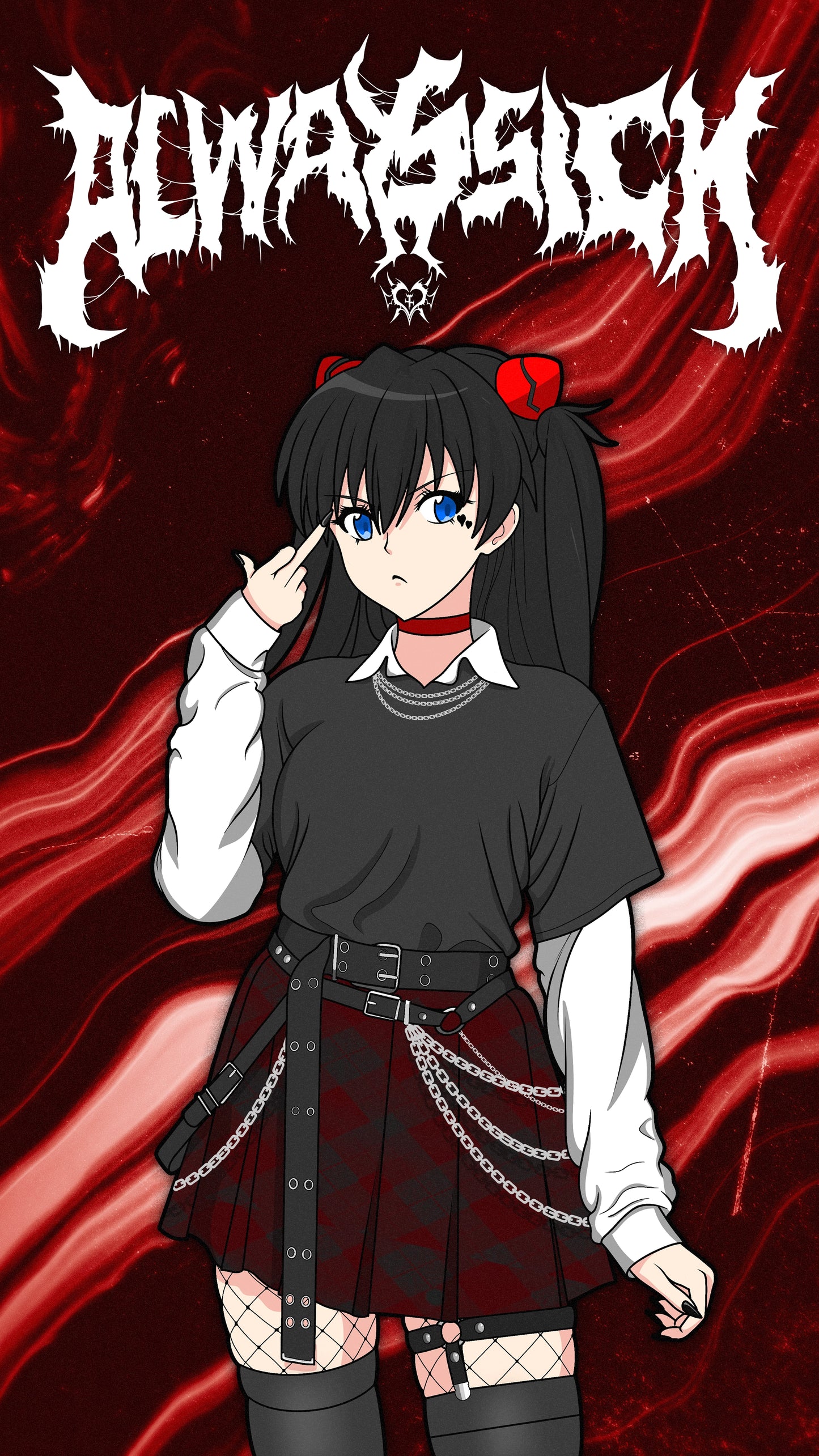 Goth Asuka Langley Soryu digital phone wallpaper featuring an edgy Evangelion aesthetic with dark alternative fashion, red liquid background, and Always Sick brand watermark for mobile backgrounds.