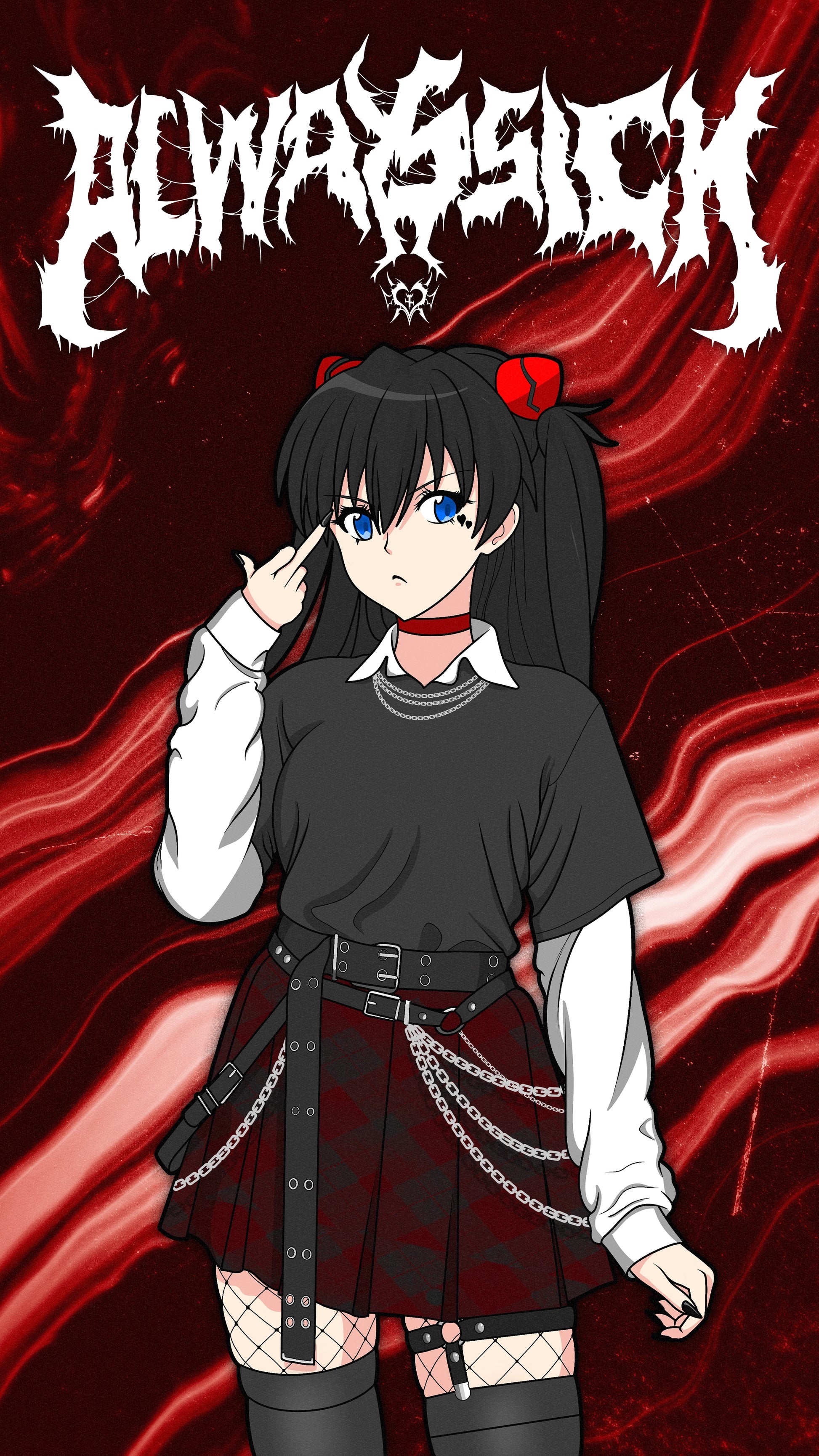 Goth Asuka Langley Soryu digital phone wallpaper featuring an edgy Evangelion aesthetic with dark alternative fashion, red liquid background, and Always Sick brand watermark for mobile backgrounds.