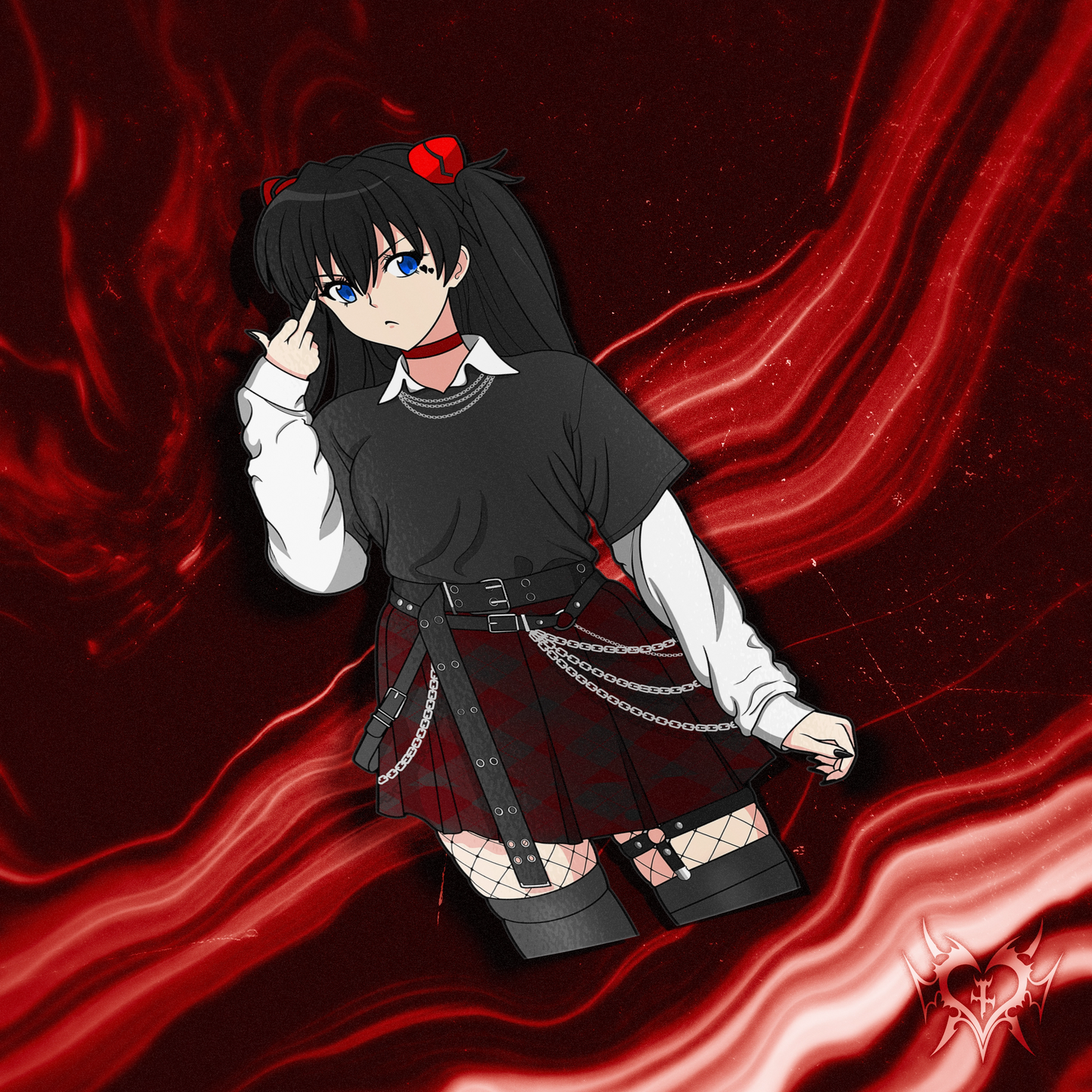Primary product image of an edgy Goth Asuka anime sticker for laptops and water bottles, showcasing detailed chains, fishnets, and alternative clothing style with a red liquid backdrop.