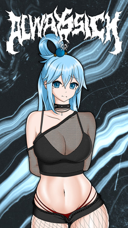 anime wallpaper of aqua from konosuba in a goth outfit