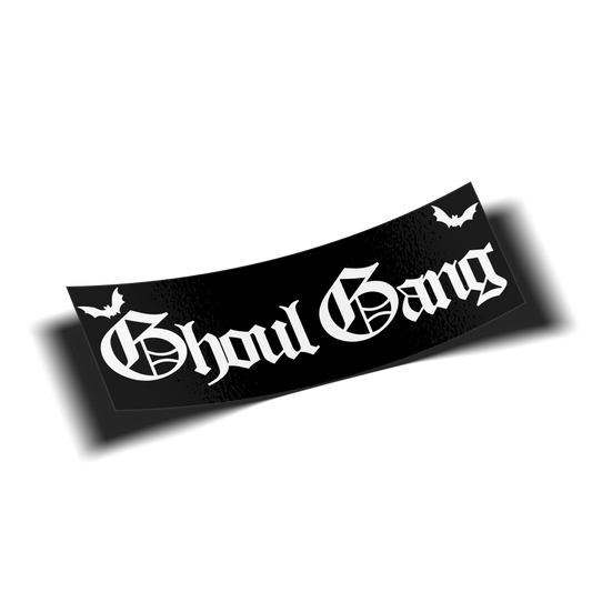 bumper sticker Black and white 'Ghoul Gang' logo with bats on a black background, transparent
