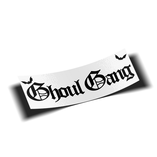 bumper sticker Black and white 'Ghoul Gang' logo with bats on a white background, transparent