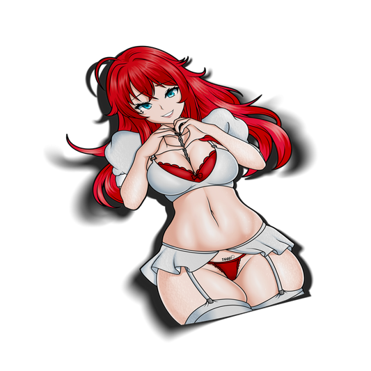 anime sticker of rias gremory from highschool dxd in white and red lingerie, transparent