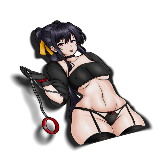 anime sticker of akeno himejime from high school dxd in black lingerie holding a chained collar, transparent
