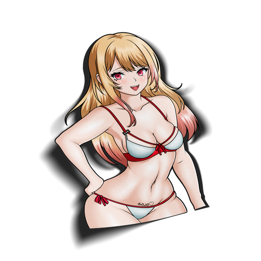 anime sticker of marin kitagawa from dress up darling in a white and red bikini, transparent