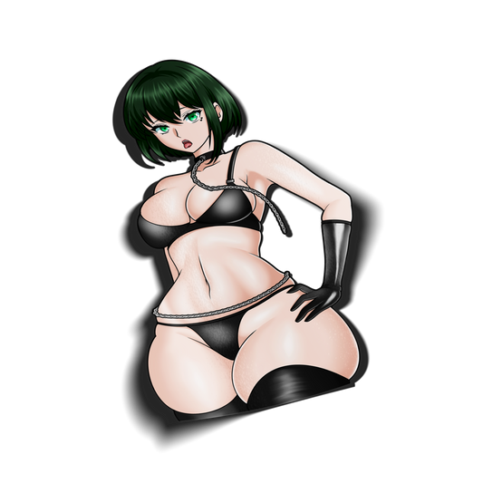 anime sticker of fubuki from one punch man in a black bikini with a chained collar on, transparent