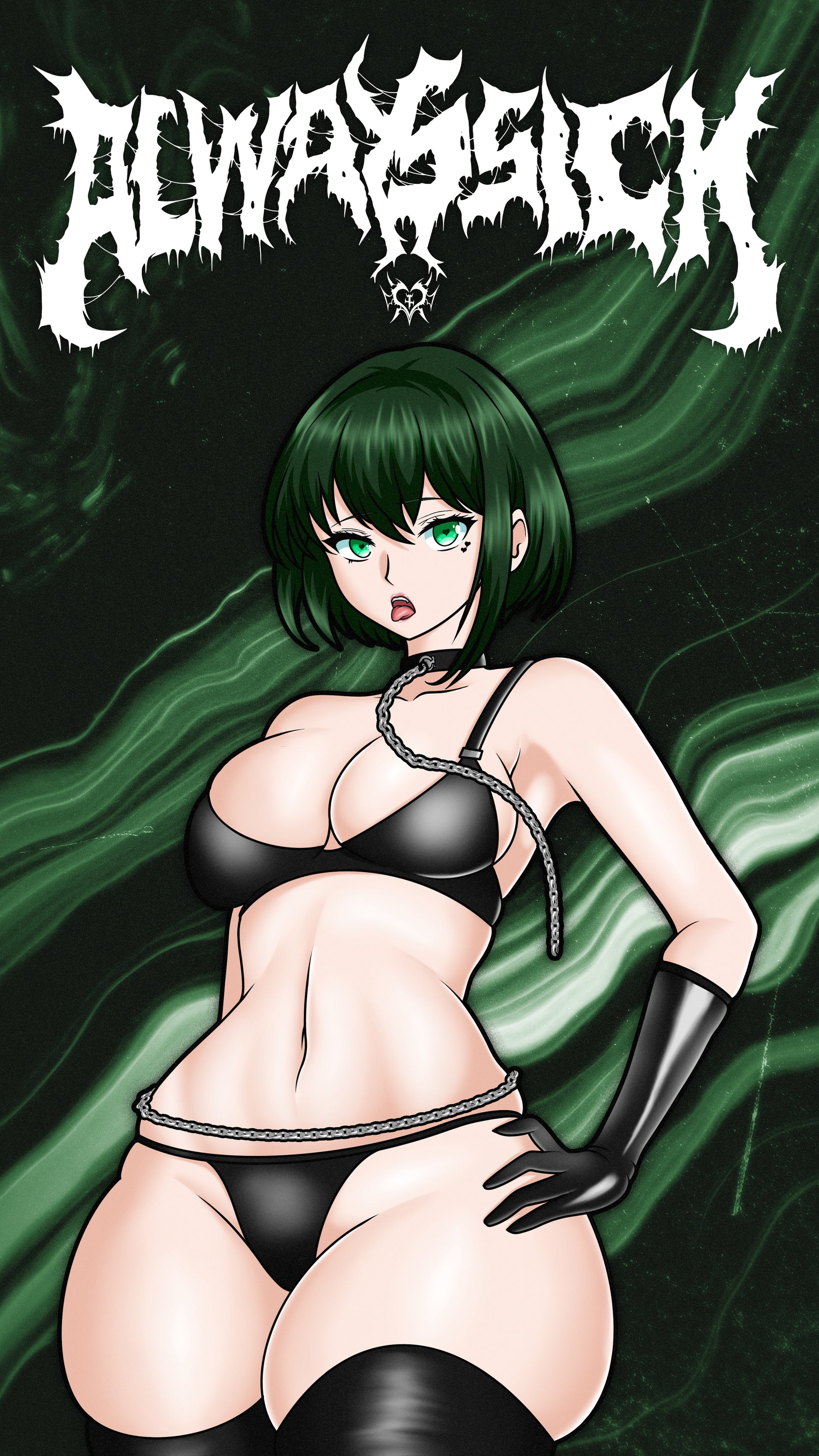 anime sticker of fubuki from one punch man in a black bikini with a chained collar on, phone wallpaper