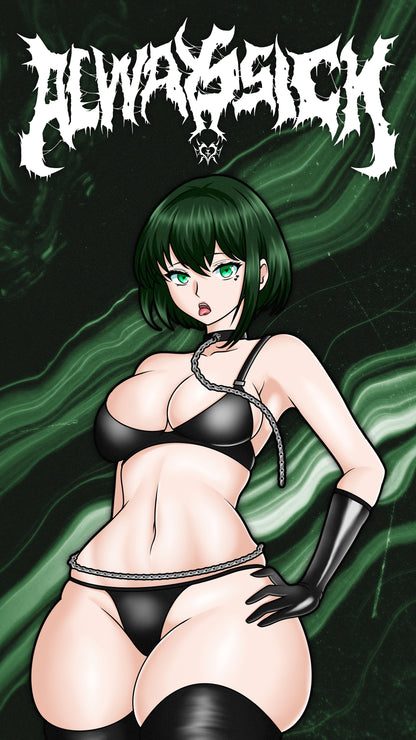 anime sticker of fubuki from one punch man in a black bikini with a chained collar on, phone wallpaper