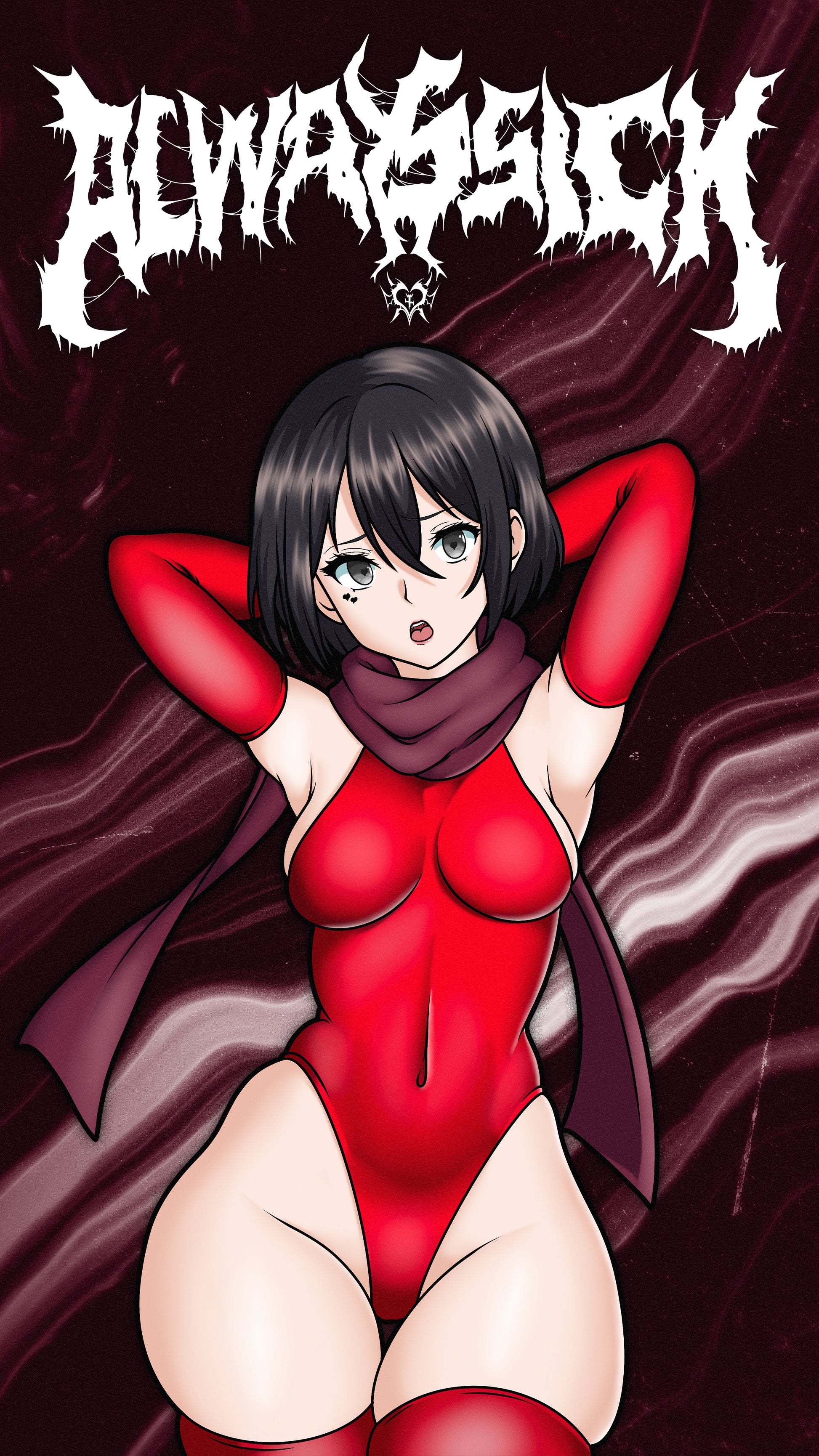 anime sticker of mikasa from attack on titan in a red swimsuit, phone wallpaper
