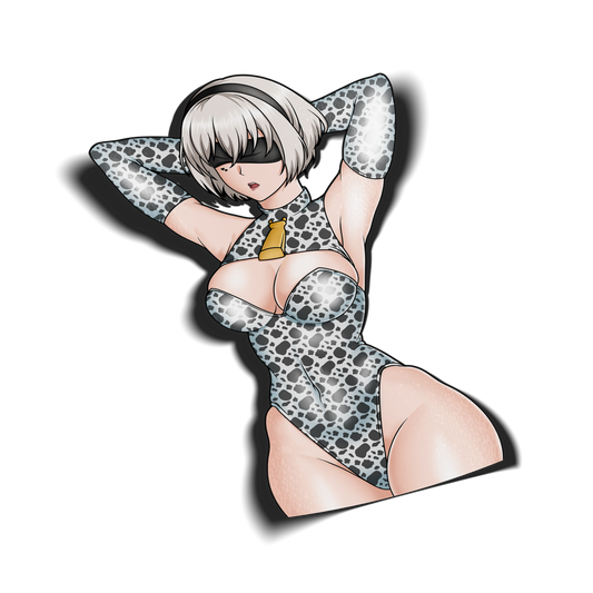 anime sticker of 2b from nier automata in a cow print suit, transparent