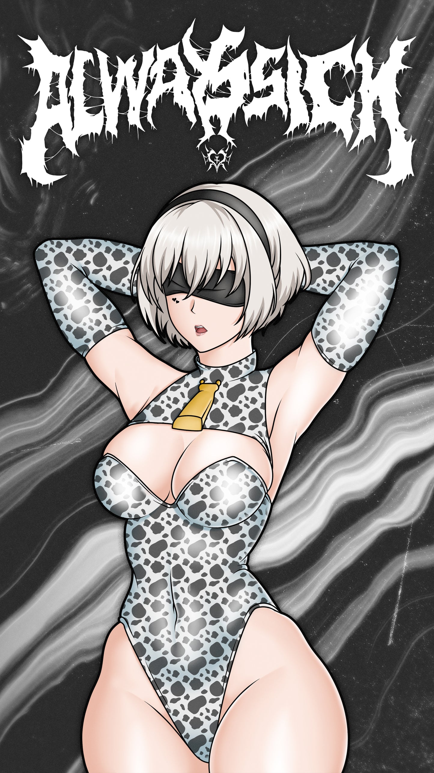 anime sticker of 2b from nier automata in a cow print suit, phone wallpaper