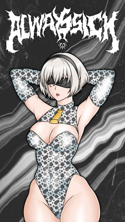 anime sticker of 2b from nier automata in a cow print suit, phone wallpaper