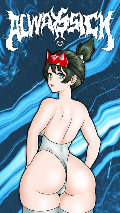 anime sticker of kiriko from overwatch with her back and big ass towards the viewer, phone wallpaper