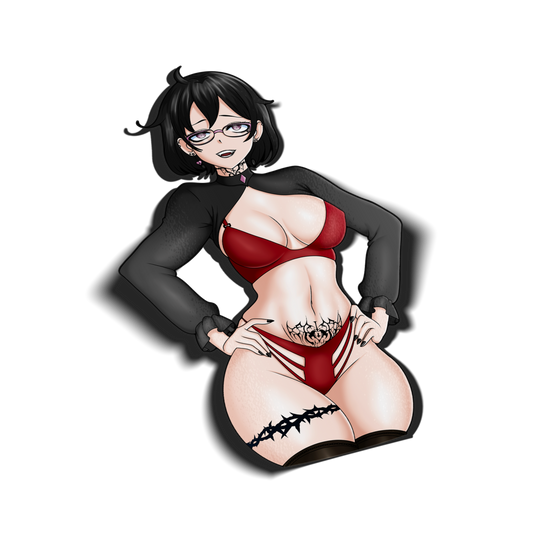 anime sticker of original character noushi from always sick in a red and black bikini with tattoos, transparent