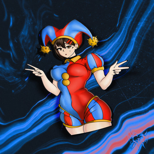 anime sticker of kobeni from chainsaw man dressed up as pomni from the amazing digital circus