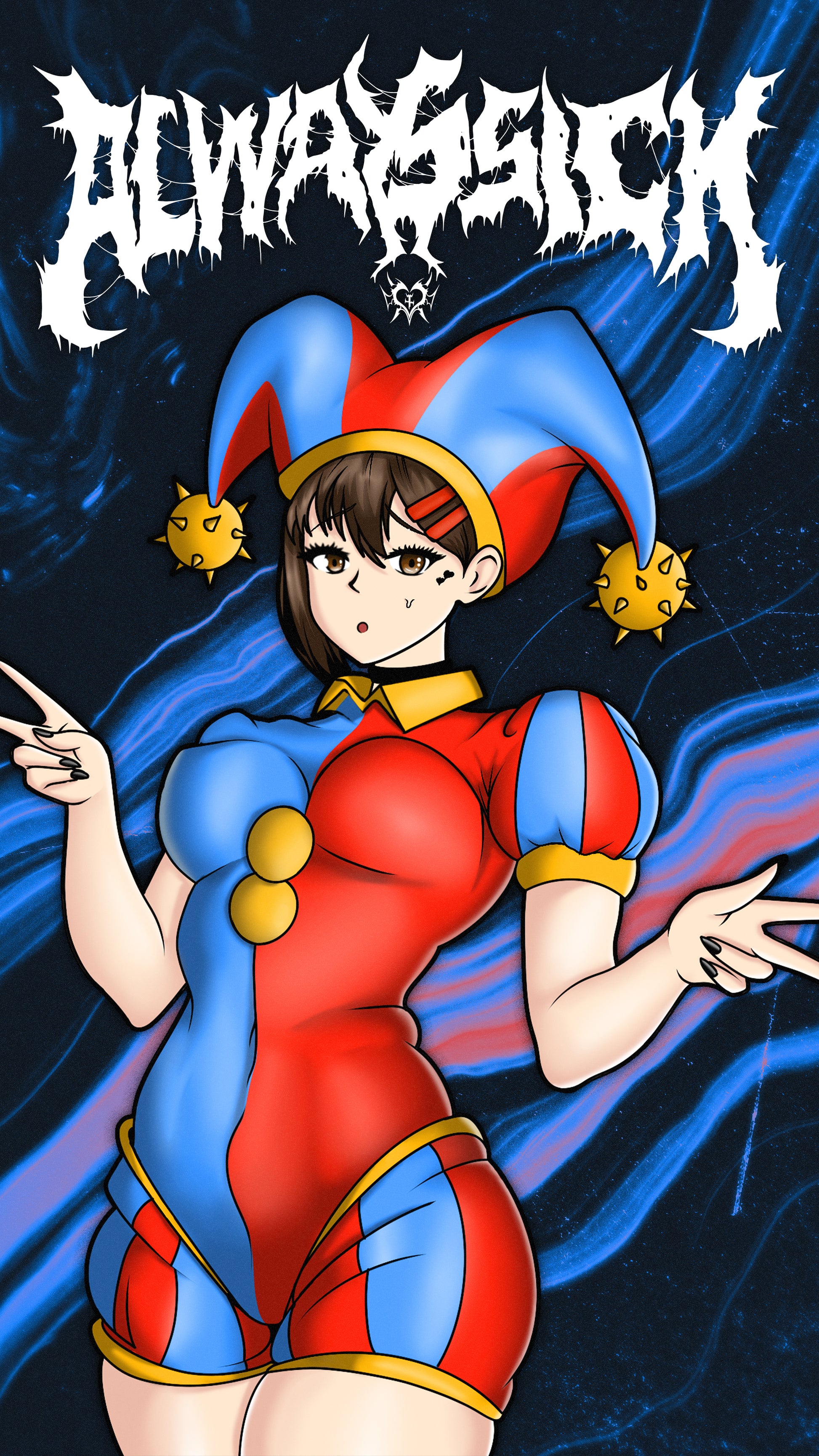 anime sticker of kobeni from chainsaw man dressed up as pomni from the amazing digital circus, phone wallpaper
