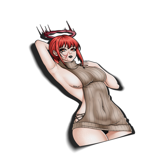 anime sticker of makima from chainsaw man in a skin tights turtle neck dress, transparent