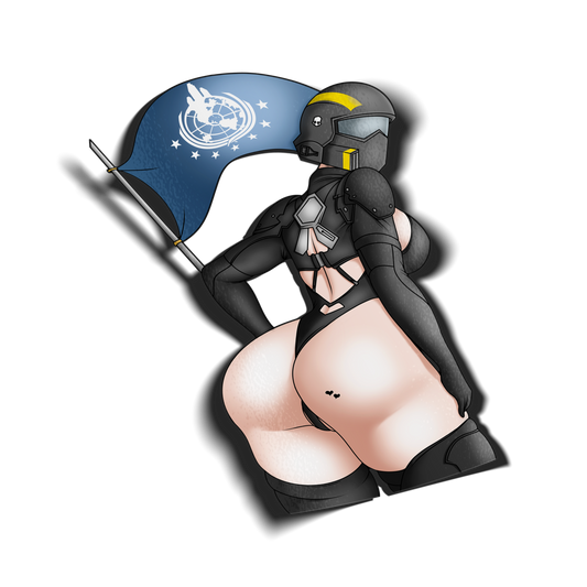 anime sticker of a female helldiver with a big ass and flag of super earth, transparent