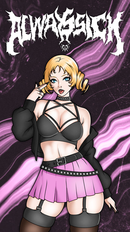 anime sticker of catherine from catherine fullbody in a pink and black goth outfit, phone wallpaper