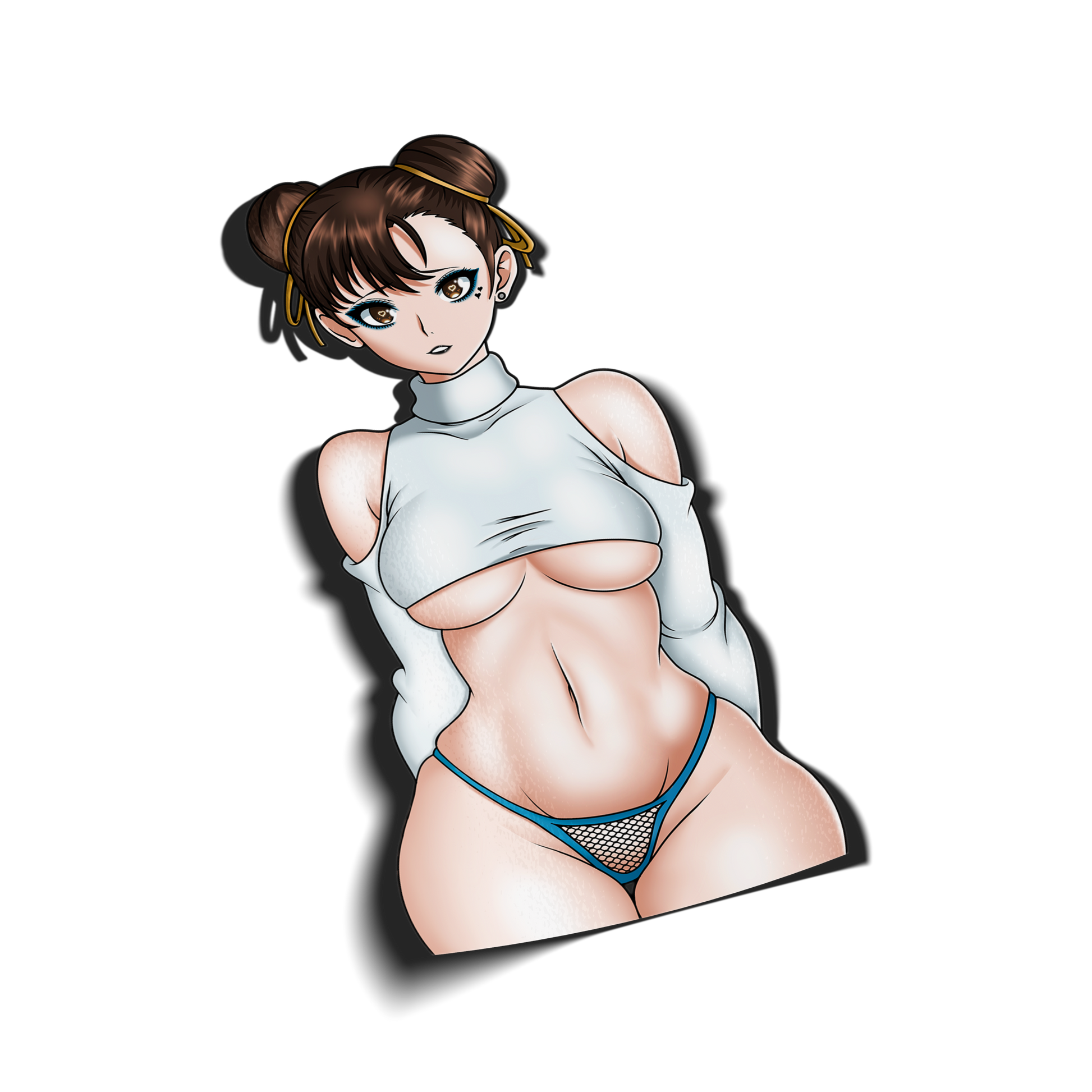 anime sticker of chun-li from street fighter in a white cropped sweater and blue bikini, transparent