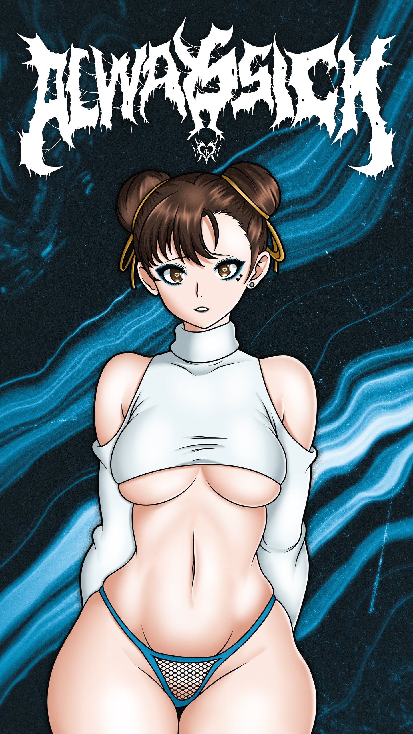 anime sticker of chun-li from street fighter in a white cropped sweater and blue bikini, phone wallpaper