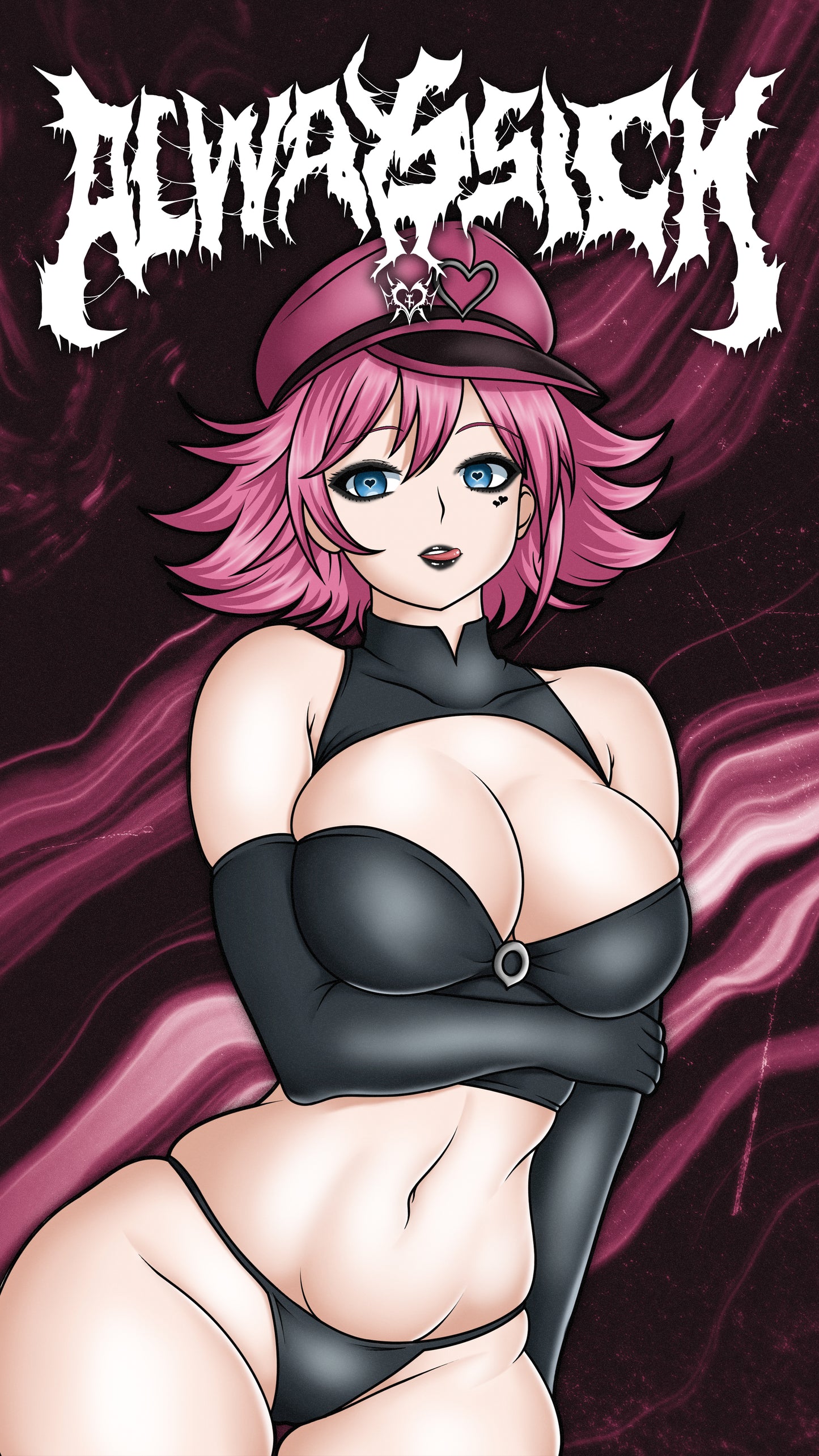 anime sticker of poison from street fighter in a black latex bikini, phone wallpaper
