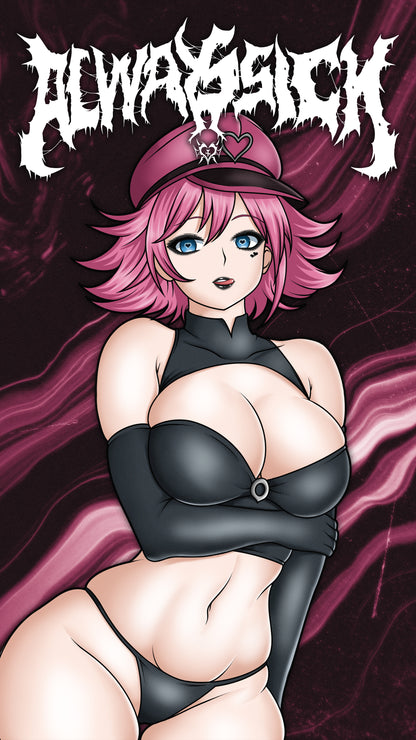 anime sticker of poison from street fighter in a black latex bikini, phone wallpaper