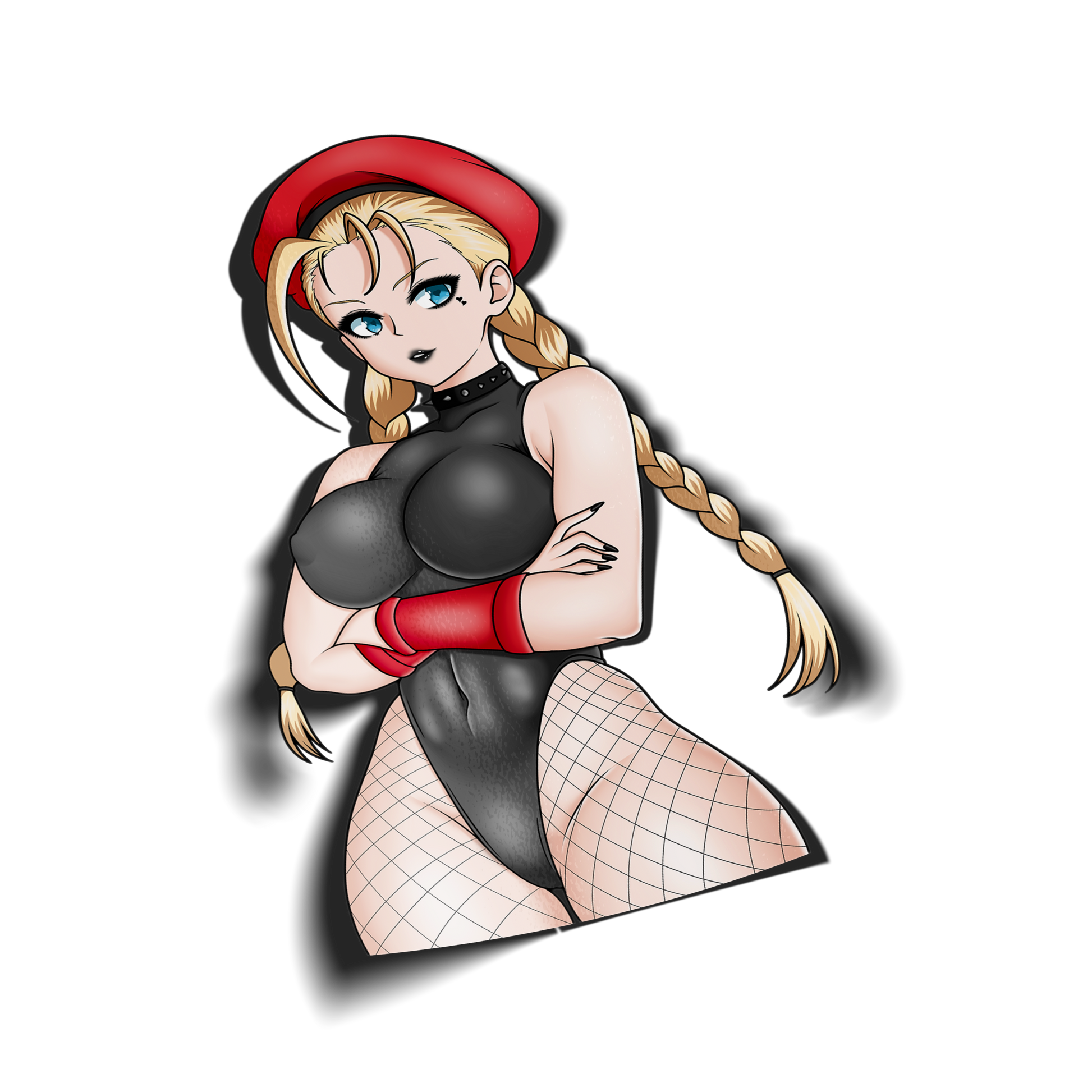 anime sticker of cammy from street fighter in a goth black latex suit and fishnets, transparent