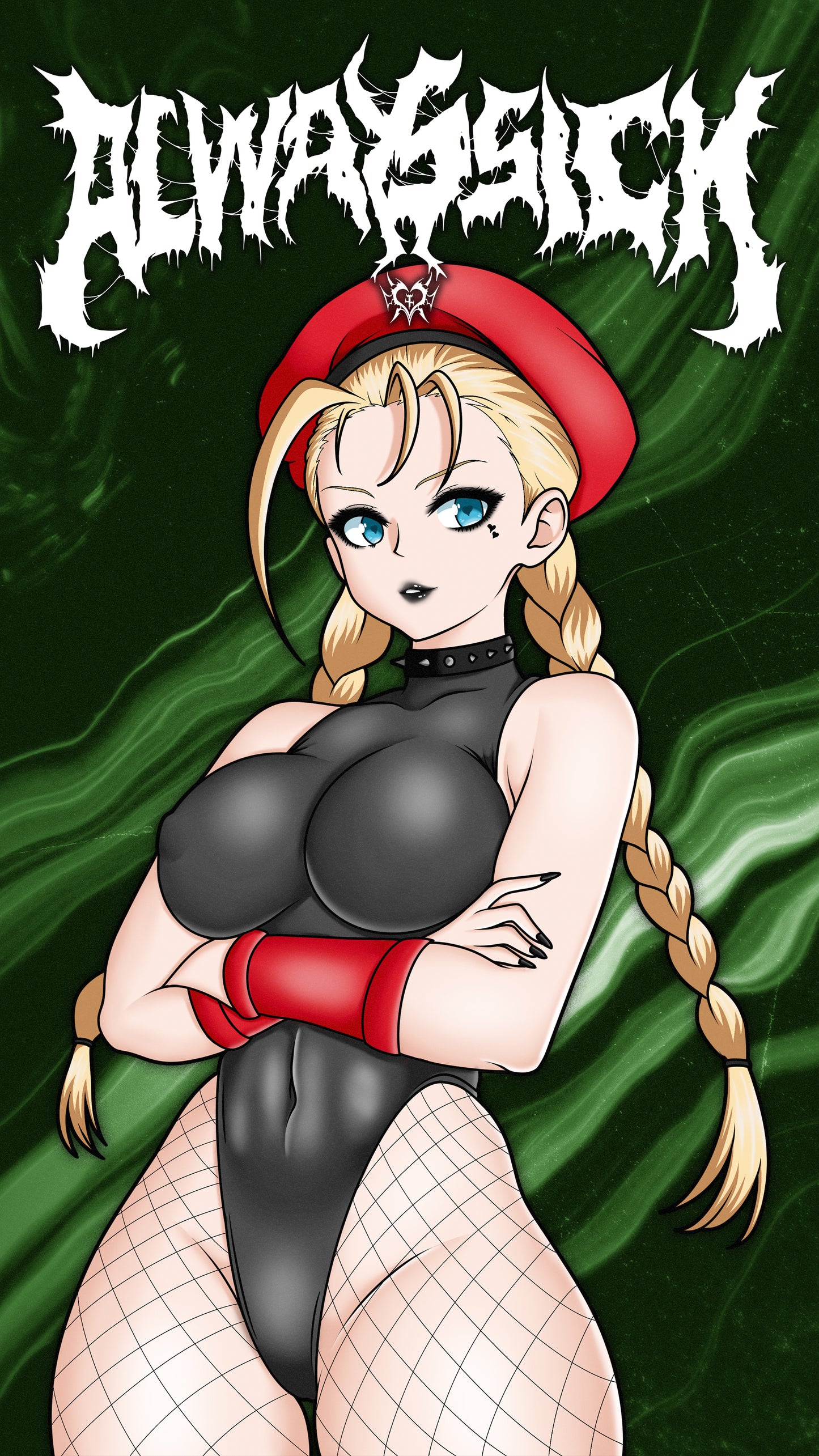 anime sticker of cammy from street fighter in a goth black latex suit and fishnets, phone wallpaper