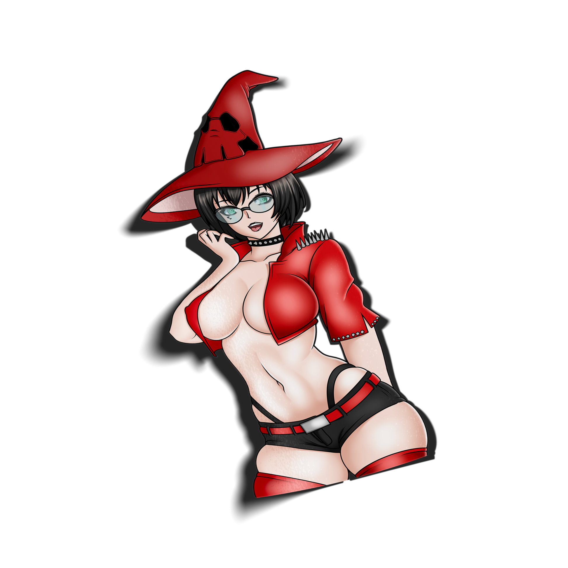 anime sticker of I-no from guilty gear in a red and black leather outfit, transparent