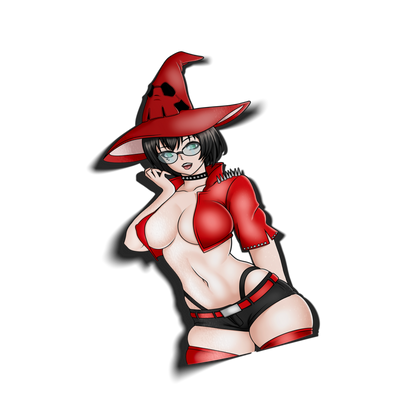 anime sticker of I-no from guilty gear in a red and black leather outfit, transparent