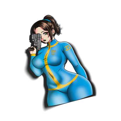 anime sticker of lucy maclean from the fallout show in a blue vault jumpsuit, transparent
