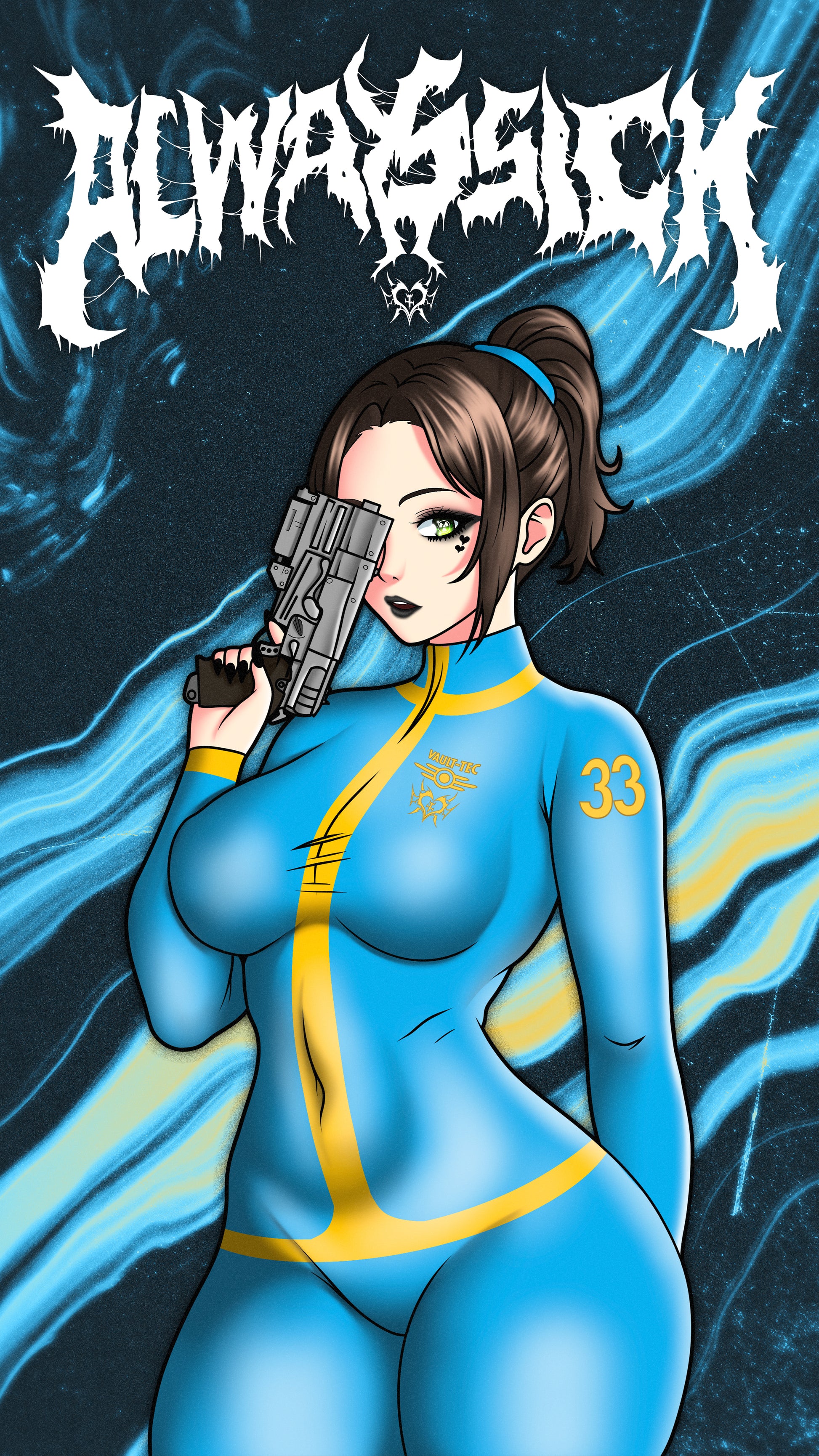 anime sticker of lucy maclean from the fallout show in a blue vault jumpsuit, phone wallpaper