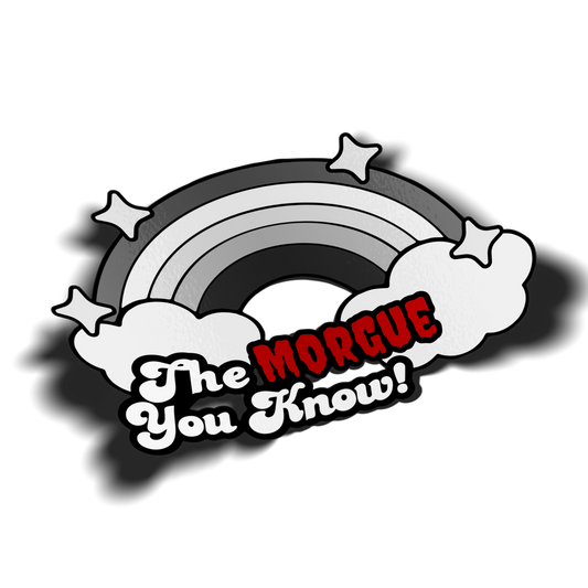 red Logo with rainbow, stars, and text 'The Morgue You Know!' from Hailey Rose on TikTok, transparent