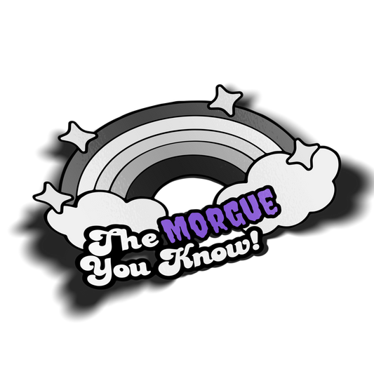 purple Logo with rainbow, stars, and text 'The Morgue You Know!' from Hailey Rose on TikTok, transparent