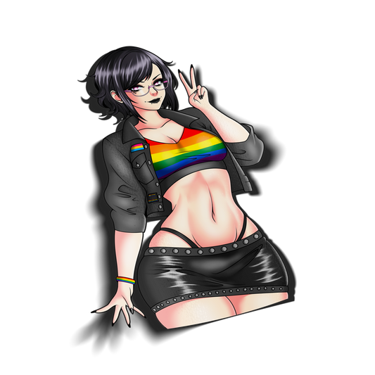anime sticker of original character noushi from always sick wearing a rainbow striped top and black leather skirt, transparent