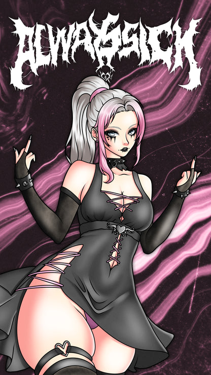 anime sticker of original character lily from lewdacris creations in black and pink dress, phone wallpaper