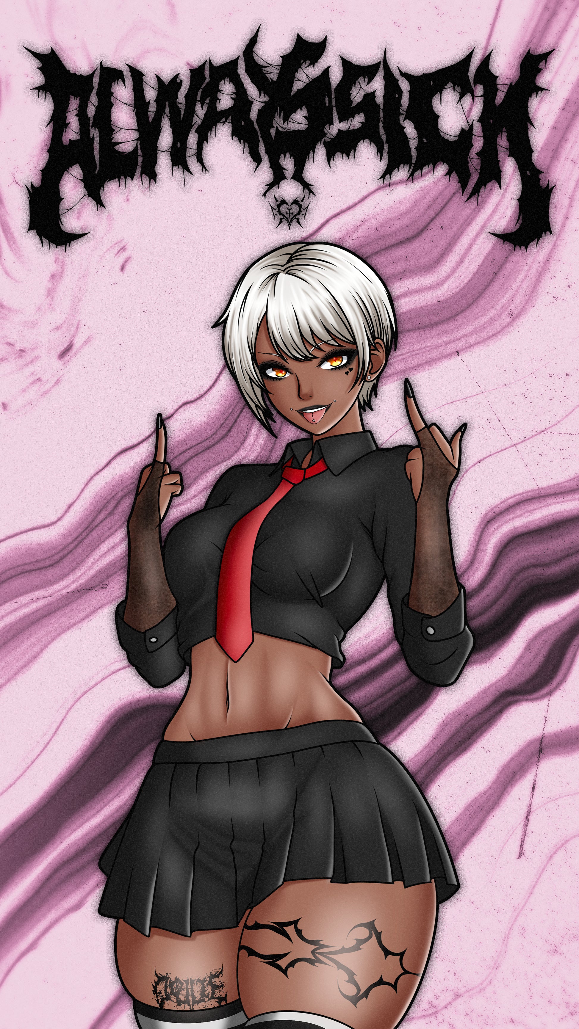 anime sticker of original character chihime from always sick in a goth black collar shit and black skirt with red tie, phone wallpaper