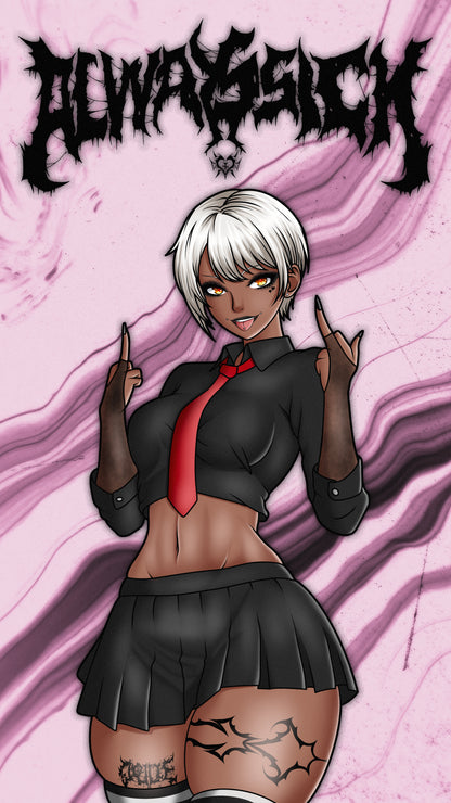 anime sticker of original character chihime from always sick in a goth black collar shit and black skirt with red tie, phone wallpaper
