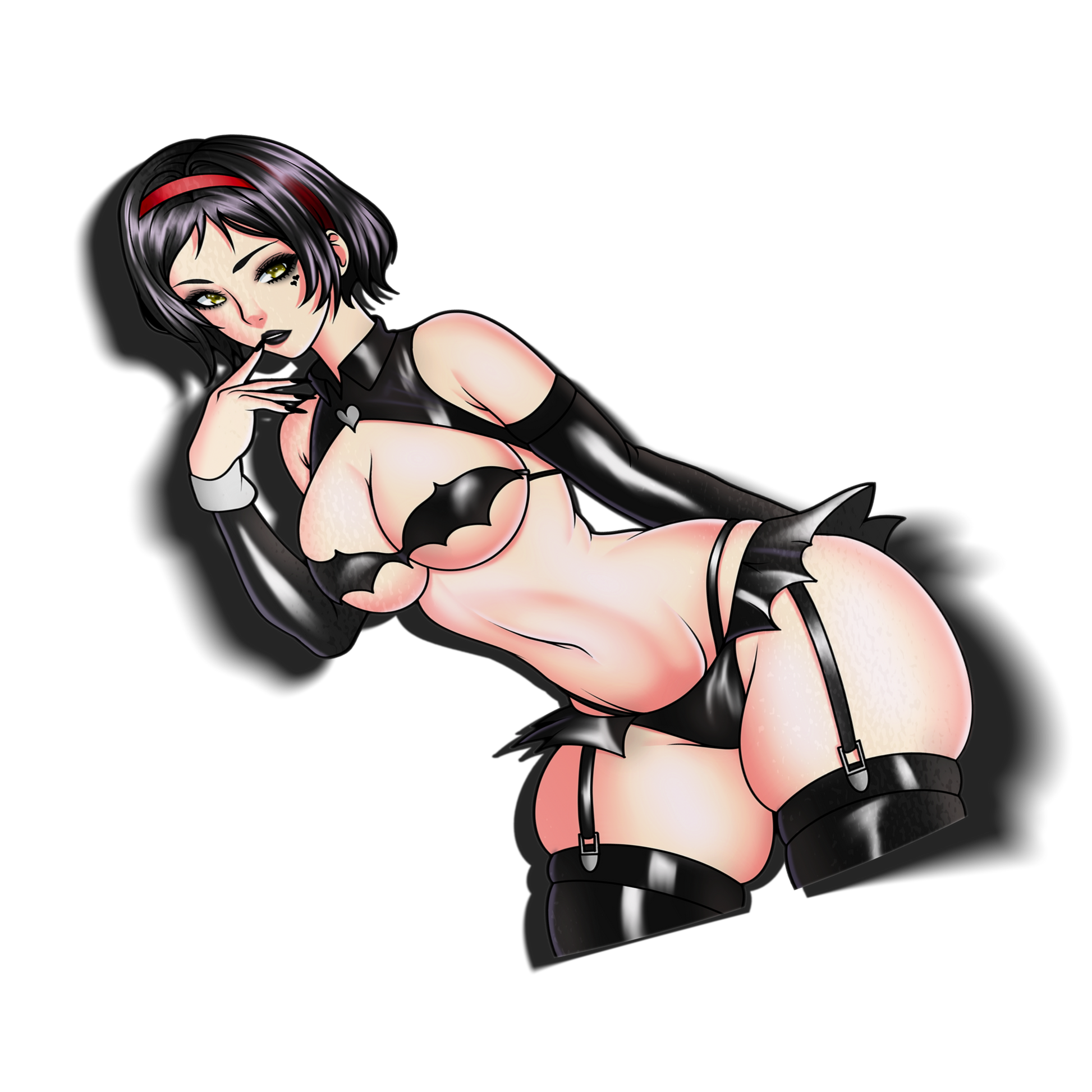anime sticker of crow from nikke in a goth bat themed latex bikini, transparent