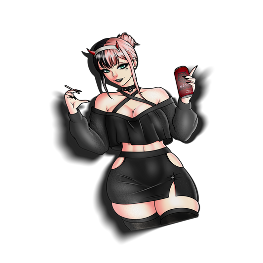 goth anime sticker of zero two in a black goth dress and skirt, transparent